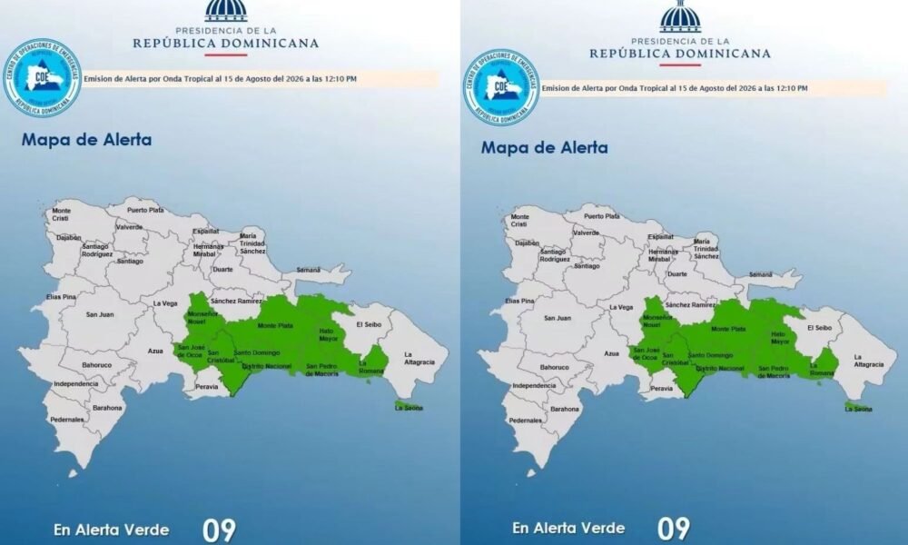 COE coloca ocho provincias y el Distrito Nacional en alerta verde por una onda tropical que provocará aguaceros, tronadas y ráfagas de viento.
