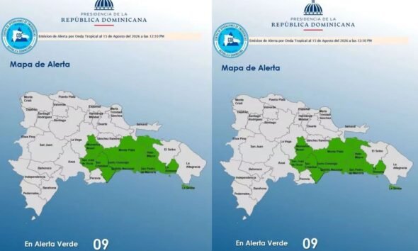 COE coloca ocho provincias y el Distrito Nacional en alerta verde por una onda tropical que provocará aguaceros, tronadas y ráfagas de viento.