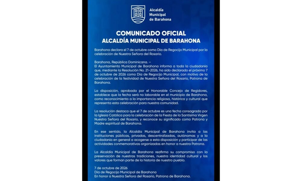 Barahona tendrá Día de Regocijo Municipal el 7 de octubre
