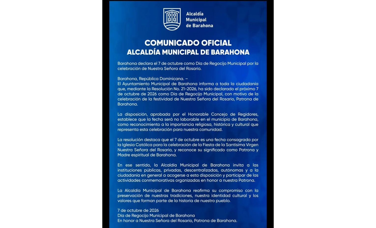 Barahona tendrá Día de Regocijo Municipal el 7 de octubre