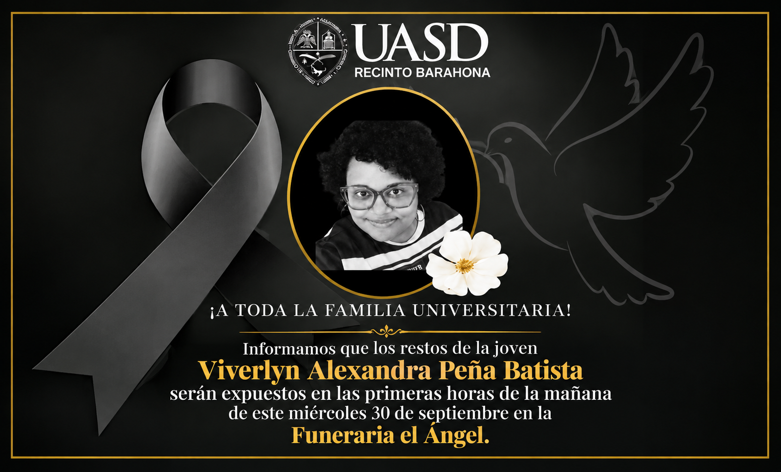 Los restos de Viverlyn Alexandra Peña Batista serán expuestos este miércoles 30 de septiembre en la Funeraria El Ángel, en Barahona.